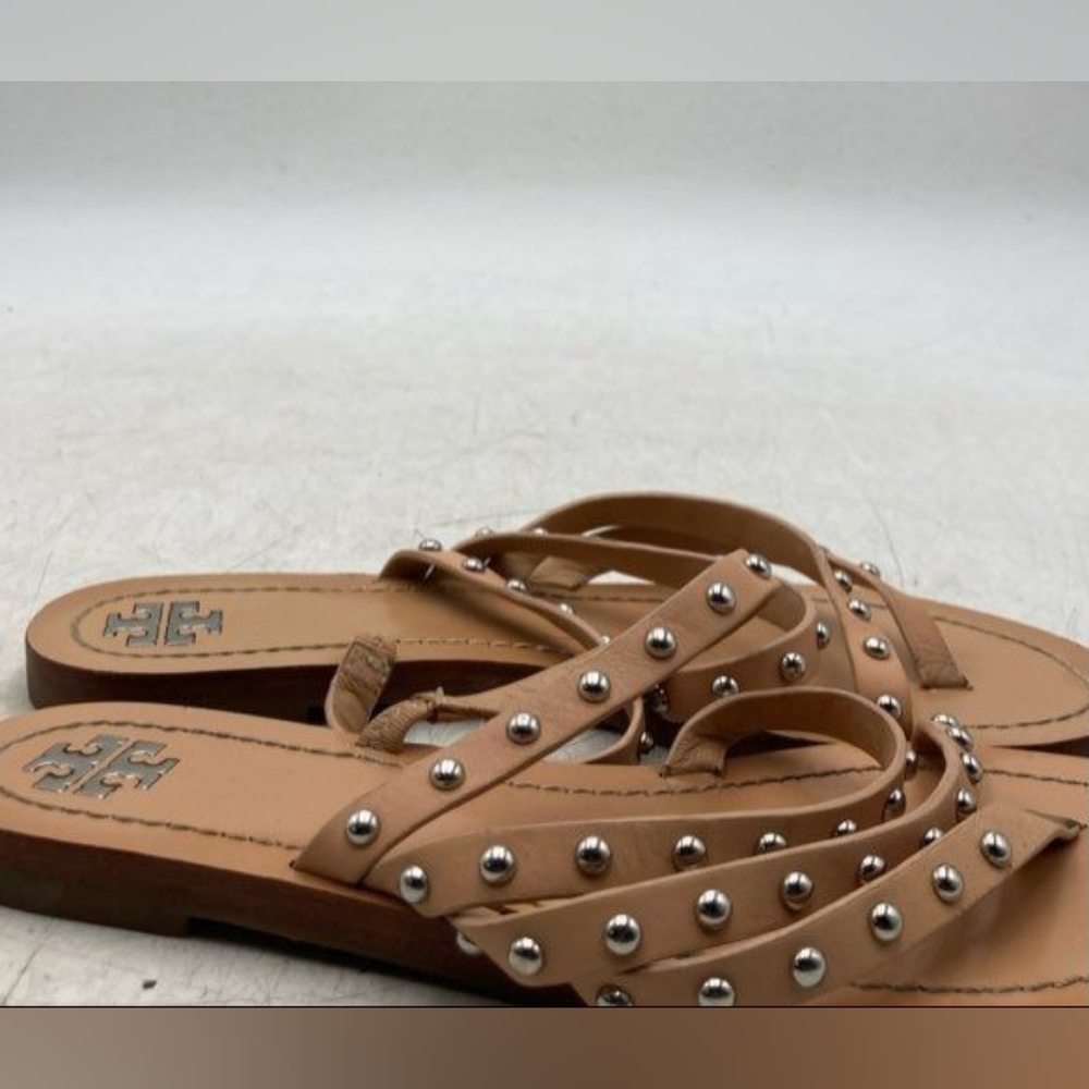 Tory Burch Designer Patos Tan Studded Strappy Calf Leather Thong Sandals 9.5 - Picture 7 of 8